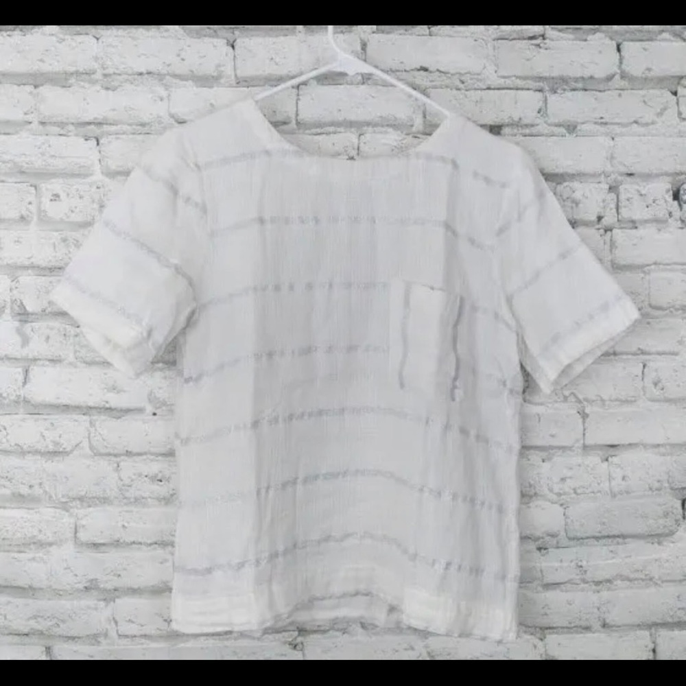 Lou and Grey White Blouse Medium Silver Stripes Cotton Shirt Zipper